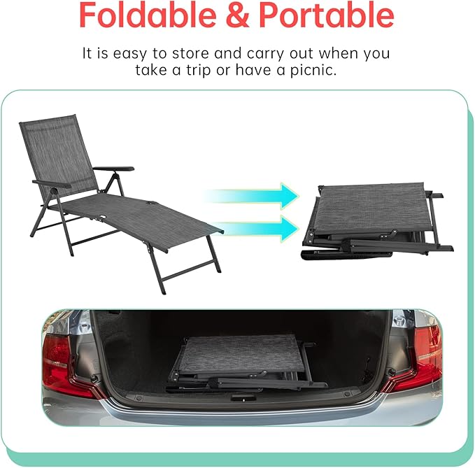 Patio Lounge Chair Chaise Lounges Patio Folding Lounge Chairs for Outside Patio Pool Beach Yard with Adjustable Reclining Lounge Chairs Set of 2 - Gery