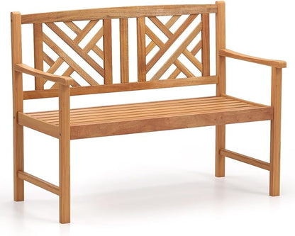 COSTWAY Outdoor Wooden Bench, Outdoor Acacia Wood Loveseat with Curved Armrest & Backrest, Sturdy Wood Bench for Garden, Park & Porch, 47.5"x 22" x 34”