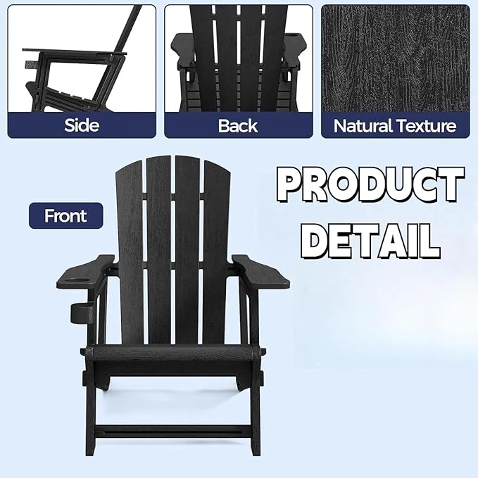 FONTOI Adirondack Chair, Plastic Adirondack Chair with Cup Holder, Outdoor Weather Resistant Lawn Furniture, 400 LBS Capacity Recliner, Garden Backyard Patio Without Screws Install,Set of 2 Black
