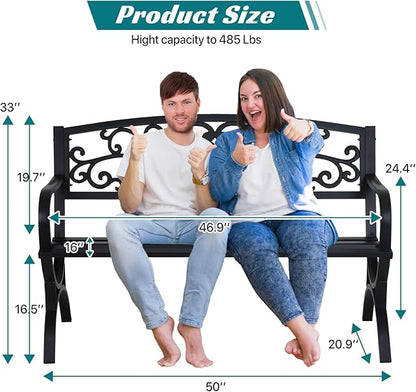 YRLLENSDAN 50" Outdoor Bench w/Floral Design Backrest Garden Bench, Cast Iron Patio Bench Arch Legs Metal Benches for Porch Lawn Front Porch, Black