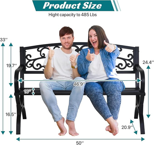 YRLLENSDAN 50" Outdoor Bench w/Floral Design Backrest Garden Bench, Cast Iron Patio Bench Arch Legs Metal Benches for Porch Lawn Front Porch, Black