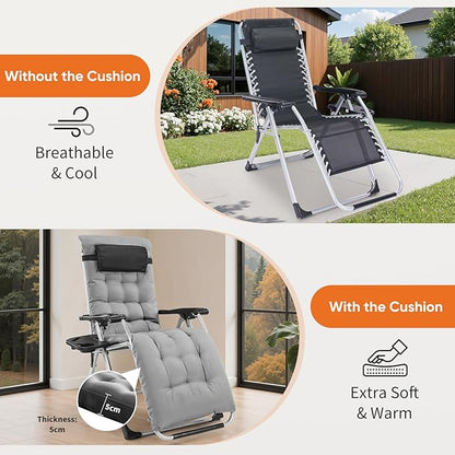 DUMOS Set of 4 Zero Gravity Chair, Reclining Camping Lounge Chair for Outdoor, Reclining Patio Chairs with Cup Holder Trays and Removable Cushion, Folding Recliner for Indoor, Grey
