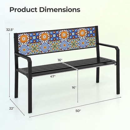 Tangkula 50" Metal Patio Park Bench, Modern Outdoor Classic Slatted Loveseat for 2-3 People with Curved Seat & Mosaic Backrest, Heavy-Duty Outdoor Seating for Backyard, Poolside, Porch