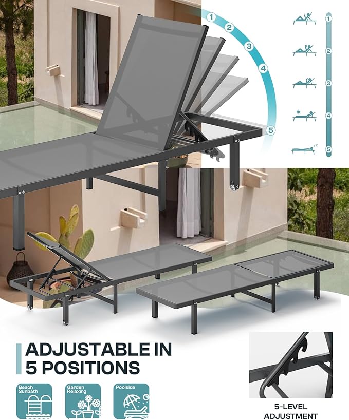 Aluminum Outdoor Lounge Chairs Set of 2, Pool Lounge Chairs with Wheels and 5-Position Recliner -Easy to Move- Patio Chaise Lounge Outdoor for Poolside, Deck, Beach (Darkgray)