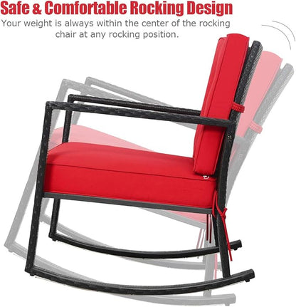 Tangkula Wicker Rocking Chair, Outdoor Glider Rattan Rocker Chair with Heavy-Duty Steel Frame, Patio Wicker Furniture Seat with 5” Thick Cushion for Garden, Porch, Backyard, Poolside (2, Red)
