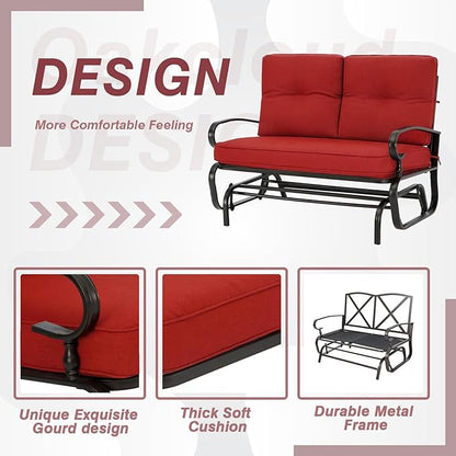 Outdoor Glider Rocking Bench 2 Person Patio Loveseat Steel Frame Furniture Set with Removable Cushion for Patio, Garden, Yard, Porch (Red)