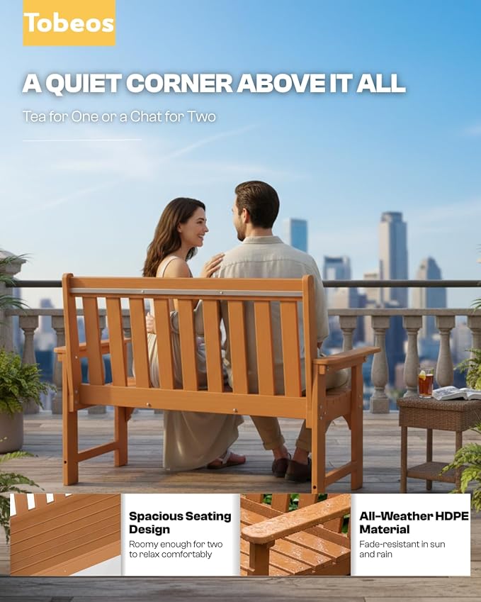 2-Person Outdoor Garden Bench, HDPE All-Weather Patio Bench with Backrest & Armrests, Heavy Duty Outdoor Seating for Porch, Backyard & Park, 660 lbs (Brown, 1 Bench)