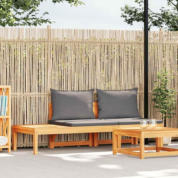 Outdoor Garden Bench with Integrated Table, 2-Person Acacia Wood Seating, Patio Loveseat with Plush Cushions, Dark Grey, 68.9 inch