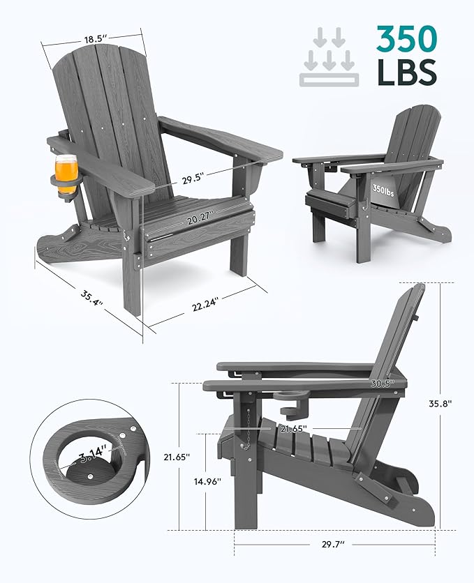 SERWALL 5-Piece Folding Adirondack Chair and Ottoman and Table Set, HDPE Adjustable Adirondack Chairs Set, Grey - Photo 6