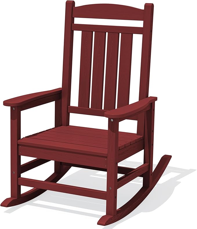 KINGYES Outdoor Rocking Chair, Weather Resistant Patio Rocking Chairs High Back Porch Rocker for Adult, Dark Red