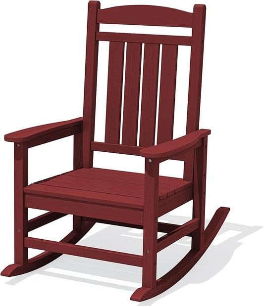 KINGYES Outdoor Rocking Chair, Weather Resistant Patio Rocking Chairs High Back Porch Rocker for Adult, Dark Red