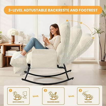Oversized Rocking Chair with Adjustable Backrest and Footrest, Outdoor Reading Chair - Chaise Lounge Chair Indoor, Comfy Corduroy Rocking Chair for Patio, Porch, Balcony, Living Room