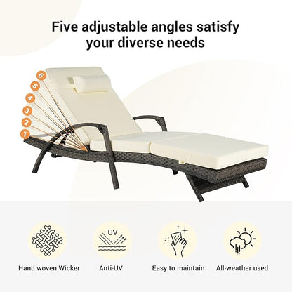 KEIKI Wicker Outdoor Chaise Lounge Chairs Set of 2 for Patio & Pool Side with 5-Level Adjustable Backrest and Cushions, Garden Beach Upholstered Couches Folding Sun Reclining Sofa Bed