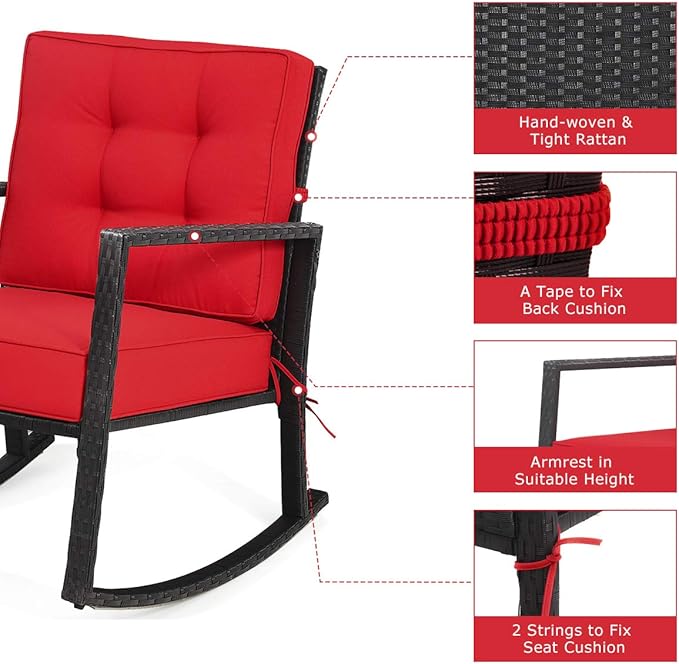 Tangkula Wicker Rocking Chair, Outdoor Glider Rattan Rocker Chair with Heavy-Duty Steel Frame, Patio Wicker Furniture Seat with 5” Thick Cushion for Garden, Porch, Backyard, Poolside (1, Red)