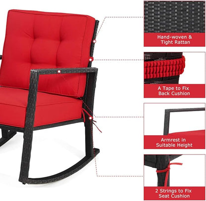 Tangkula Wicker Rocking Chair, Outdoor Glider Rattan Rocker Chair with Heavy-Duty Steel Frame, Patio Wicker Furniture Seat with 5” Thick Cushion for Garden, Porch, Backyard, Poolside (2, Red)