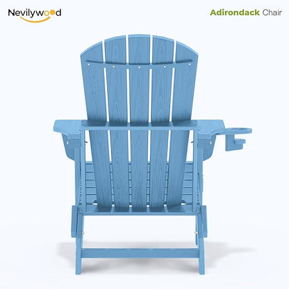 nevilywood Folding Adirondack Chair with Cup Holder Set of 2,All-Weather Adirondack Chair,Patio Chair,HDPE-Wooden Textured Lawn Chair- Light Blue