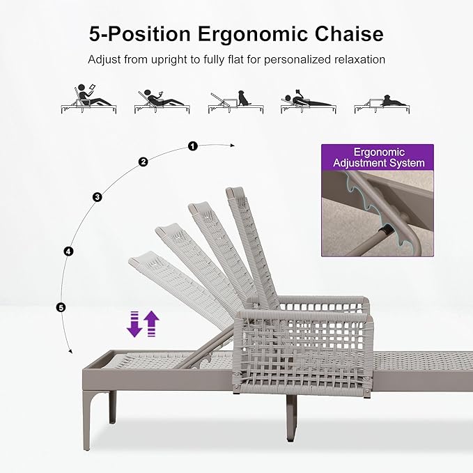 PURPLE LEAF 2 Pieces Outdoor Chaise Lounge Set Rattan Wicker Lounger with Arms Poolside Furniture Adjustable Recliners Patio Lounge Chairs for Beach Yard Garden Balcony, Champagne
