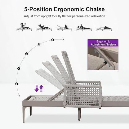 PURPLE LEAF 4 Pieces Outdoor Chaise Lounge Set Rattan Wicker Lounger with Arms Poolside Furniture Adjustable Recliners Patio Lounge Chairs for Beach Yard Garden Balcony, Champagne