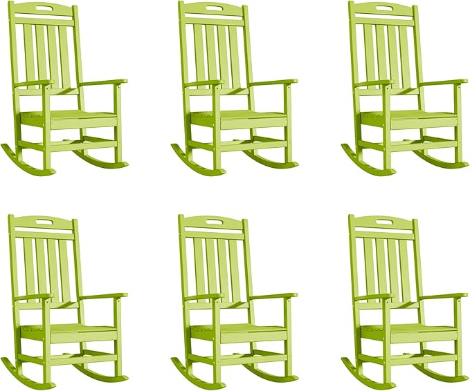 Outdoor Rocking Chair Set of 6, High Back Plastic Patio Rocking Chairs for Outside Porch Rocker Garden Lawn, All-Weather Resistant Poly Lumber Rocker Chair Outdoor, Lime