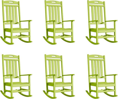 Outdoor Rocking Chair Set of 6, High Back Plastic Patio Rocking Chairs for Outside Porch Rocker Garden Lawn, All-Weather Resistant Poly Lumber Rocker Chair Outdoor, Lime