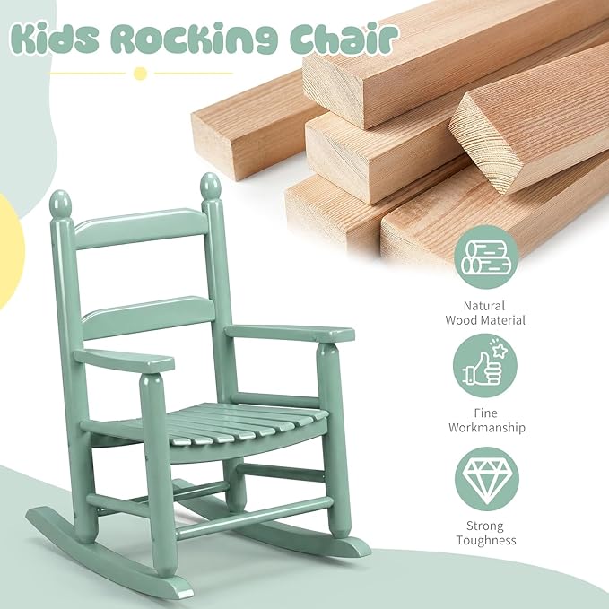Outvita Kids Rocking Chair, Ergonomic Sturdy Toddler Rocking Chair with High Backrest & Rounded Armrests, Safe Solid Wood Baby Rocker Chair for Age 3-6, Outdoor, Living Room, Reading Room(Green)