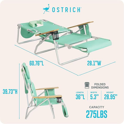 Ostrich the Deluxe 3N1 Reclining Lounge Chair, Folding Outdoor Lounger and Extra-Wide Beach Chair with Wooden Armrests and Face Hole, Teal