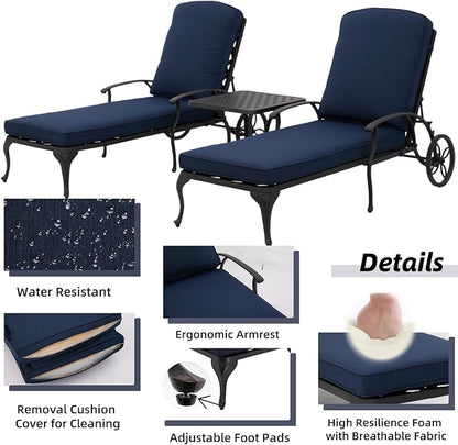 Chaise Lounge Outdoor Chair with Side Table, Adjustable Reclining Rust-Resistant Aluminum Cast Poolside Chaise with Convenient Wheels, Outdoor Lounge Furniture Set of 3, (Denim Blue)