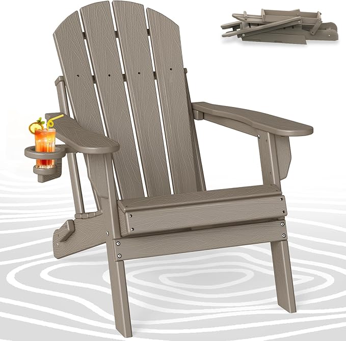 BRIOPAWS Folding-Adirondack-Chair | HDPE | Wood Grain | Fire Pit Chairs | Cup Holder | Weather Resistance | for Outdoor Backyard Deck Patio