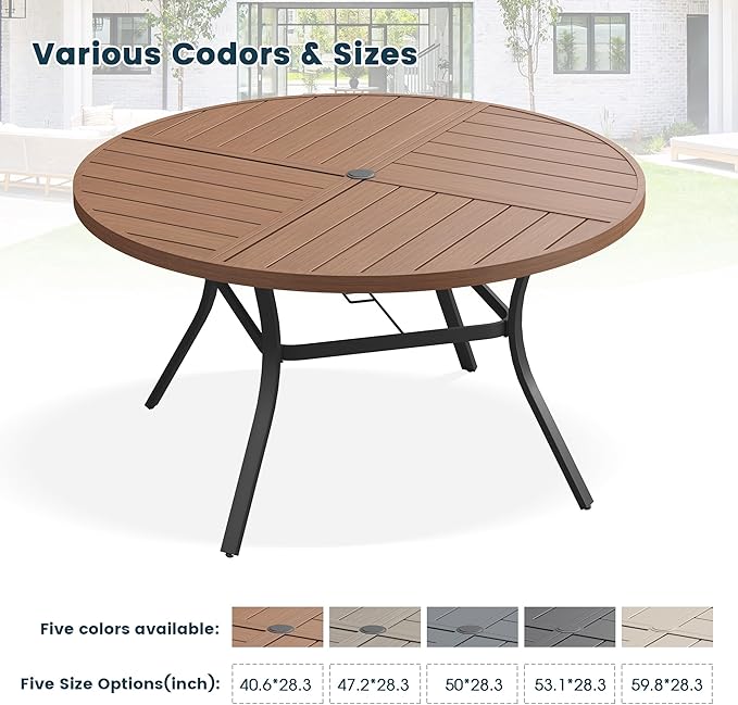 Patio Dining Table for 6-8, Round Metal Outdoor Table with Storage Shelf, 1.57" Umbrella Hole, 53" Outdoor Quartered Tabletop Dining Table for Backyard, Porch, Lawn, Walnut