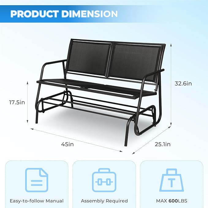 2-Person Outdoor Glider Bench - Patio Loveseat Swing Chair with Textilene Fabric & Powder-Coated Steel Frame - for - Photo 2