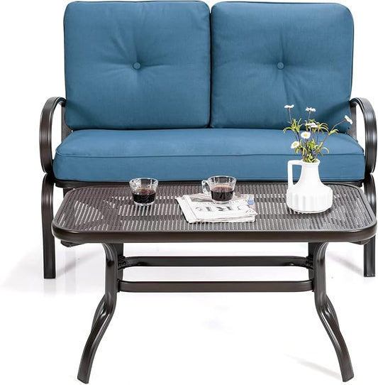 DORTALA 2-Piece Patio Furniture Set, Outdoor Indoor Loveseat and Coffee Table Set, Outdoor Sofa Metal Garden Bench with Soft Cushions, for Balcony, Lawn,Porch, Poolside, Navy