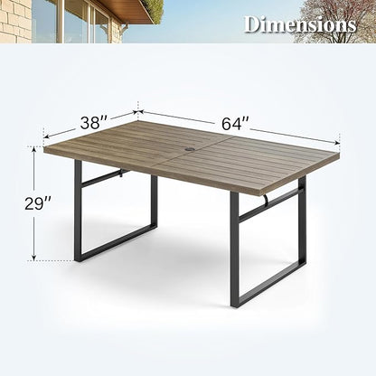 HERA'S HOUSE 64" Patio Table for 6, Wood-Like Metal Steel Slat Rectangle Outdoor Dining Table with Umbrella Hole for Lawn Garden Backyard