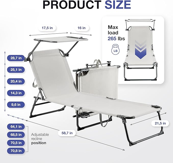 Folding Outdoor Lounge Chair with Canopy - Portable & Adjustable Beach Lounge Chair - 5 Positions, Carry Handles, 600D Fabric, 265 lbs Capacity – Tanning Chaise Lounge for Beach, Patio, Lawn