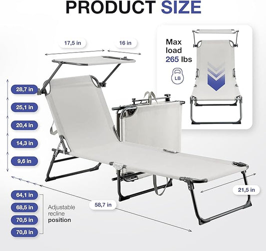 Folding Outdoor Lounge Chair with Canopy - Portable & Adjustable Beach Lounge Chair - 5 Positions, Carry Handles, 600D Fabric, 265 lbs Capacity – Tanning Chaise Lounge for Beach, Patio, Lawn