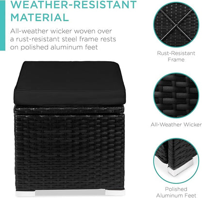 Best Choice Products Set of 2 Wicker Ottomans, Multipurpose Outdoor Furniture for Patio, Backyard, Additional Seating, Footrest, Side Table w/Storage, Removable Cushions - Black/Black