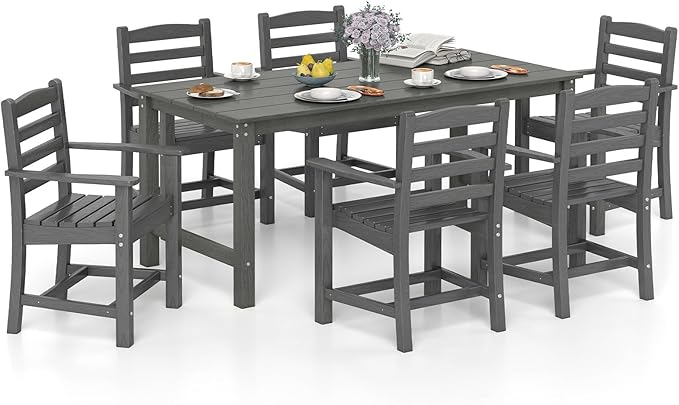 Tangkula 7 Pcs Outdoor Dining Table Set for 6, 67” HDPE Weather-Resistant Patio Rectangle Table & 6 Armchairs w/Curved Seat, Umbrella Hole, Wood Grain, Plastic Dining Furniture (Gray, 7 Pcs)