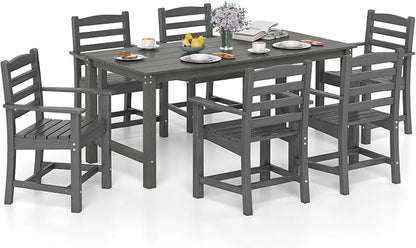 Tangkula 7 Pcs Outdoor Dining Table Set for 6, 67” HDPE Weather-Resistant Patio Rectangle Table & 6 Armchairs w/Curved Seat, Umbrella Hole, Wood Grain, Plastic Dining Furniture (Gray, 7 Pcs)