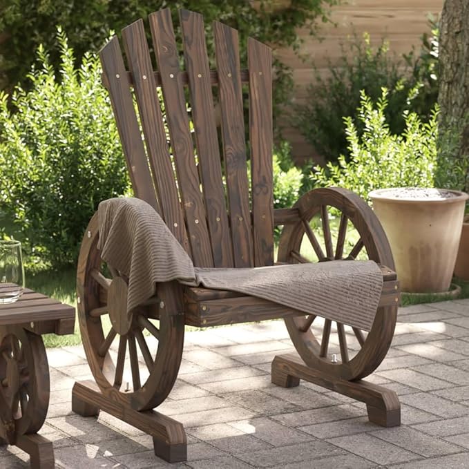 Solid Fir Wood Adirondack Chair Outdoor Patio Furniture with Wagon-Wheel Armrests 24.8" Wide Ergonomic Seat for - Photo 1