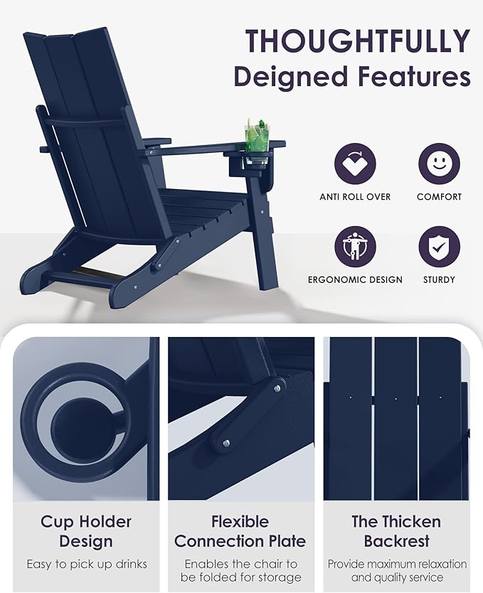 Folding Adirondack Chairs Set of 6, All-Weather Resistant HDPE Patio Firepit Chairs, Sturdy Outside Chairs with Cup Holder, Pre-Installed Lawn Chairs Load Capacity 385lb, Navy Blue