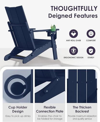 Folding Adirondack Chair, All-Weather Resistant HDPE Patio Firepit Seat, Sturdy Outside Furniture With Cup Holder, Pre-Installed Lawn Seat, Load Capacity 385lb, Navy Blue