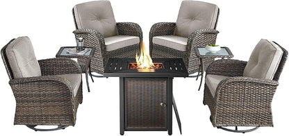 7 Pieces Patio Furniture with Fire Pit-High Back Swivel Patio Chairs Set of 4 with Outdoor Side Table Outdoor Patio Furniture Set for Deck Porch Garden Balcony Poolside-Brown/Beige