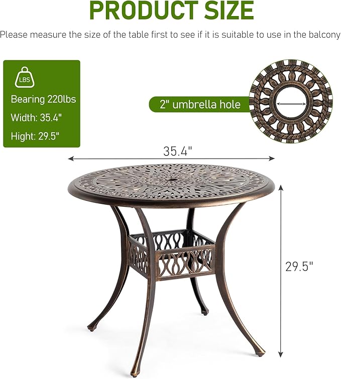 Outvita Patio Side Table, 35.4in Outdoor Round Cast Aluminum Bistro Table with Umbrella Hole and Antique Design for Backyard Porch Pool Balcony Deck Bronze