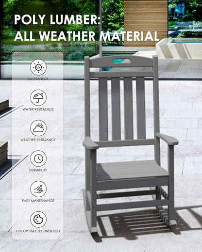 Outdoor Rocking Chair Set of 4, All-Weather Resistant Poly Lumber Rocker Chair Outdoor, High Back Plastic Patio Rocking Chairs for Outside Porch Rocker Garden Lawn, Slate Grey
