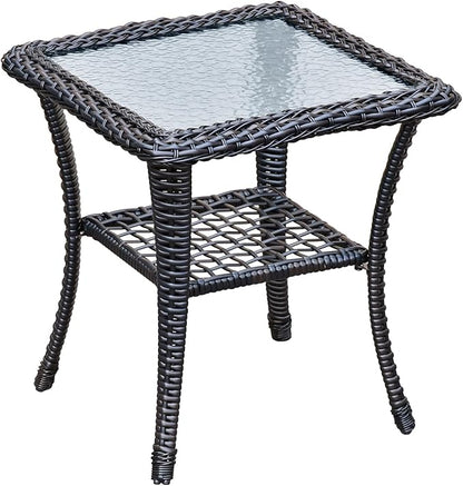 ATR ART TO REAL Outdoor Side Table, Indoor Outdoor Tempered Glass Top Wicker Coffee Bistro Table, All-Weather Patio Square Storage End Table, Steel Frame, 20''x 20''x20''