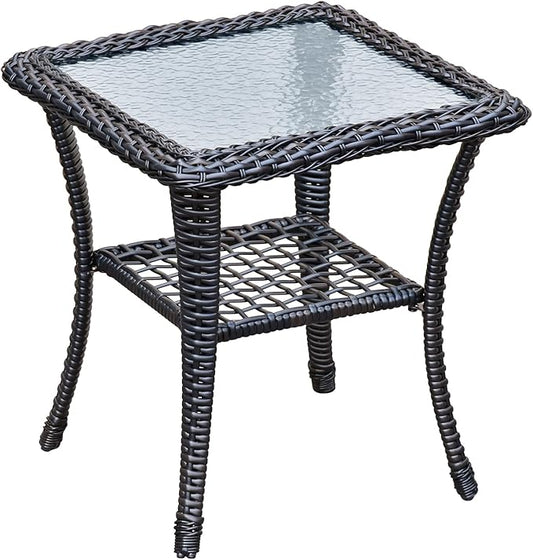 ATR ART TO REAL Outdoor Side Table, Indoor Outdoor Tempered Glass Top Wicker Coffee Bistro Table, All-Weather Patio Square Storage End Table, Steel Frame, 20''x 20''x20''