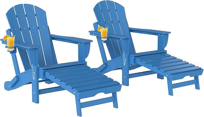 Outsunny Folding Adirondack Chair Set of 2, Outdoor HDPE Fire Pit Chair with Retractable Ottoman, Cup Holder and Large Seat for Deck, Garden, Backyard, Blue