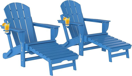 Outsunny Folding Adirondack Chair Set of 2, Outdoor HDPE Fire Pit Chair with Retractable Ottoman, Cup Holder and Large Seat for Deck, Garden, Backyard, Blue
