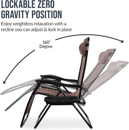 Best Choice Products Set of 2 Extra Wide Adjustable Steel Mesh Zero Gravity Lounge Chair Recliners w/Pillows and Cup Holder Trays - Brown