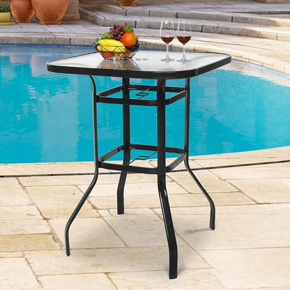 VINGLI Outdoor Bar Table with Umbrella Hole, Modern Black Metal Patio Bar Table, High Top Table for Outdoor Relaxation and Home Entertaining (Black, 31.5'x31.5'x40.3')