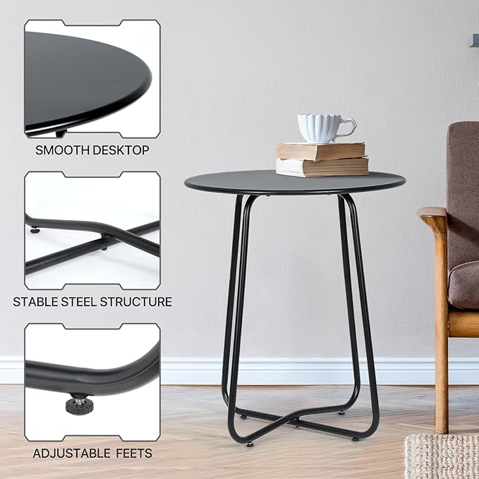 MoNiBloom 24-Inch Black Outdoor Patio Side Table, Indoor Small Round Coffee Table, Steel Frame End Table for Garden Balcony Porch Backyard Lawn Deck Yard Poolside Outside Weather Resistant